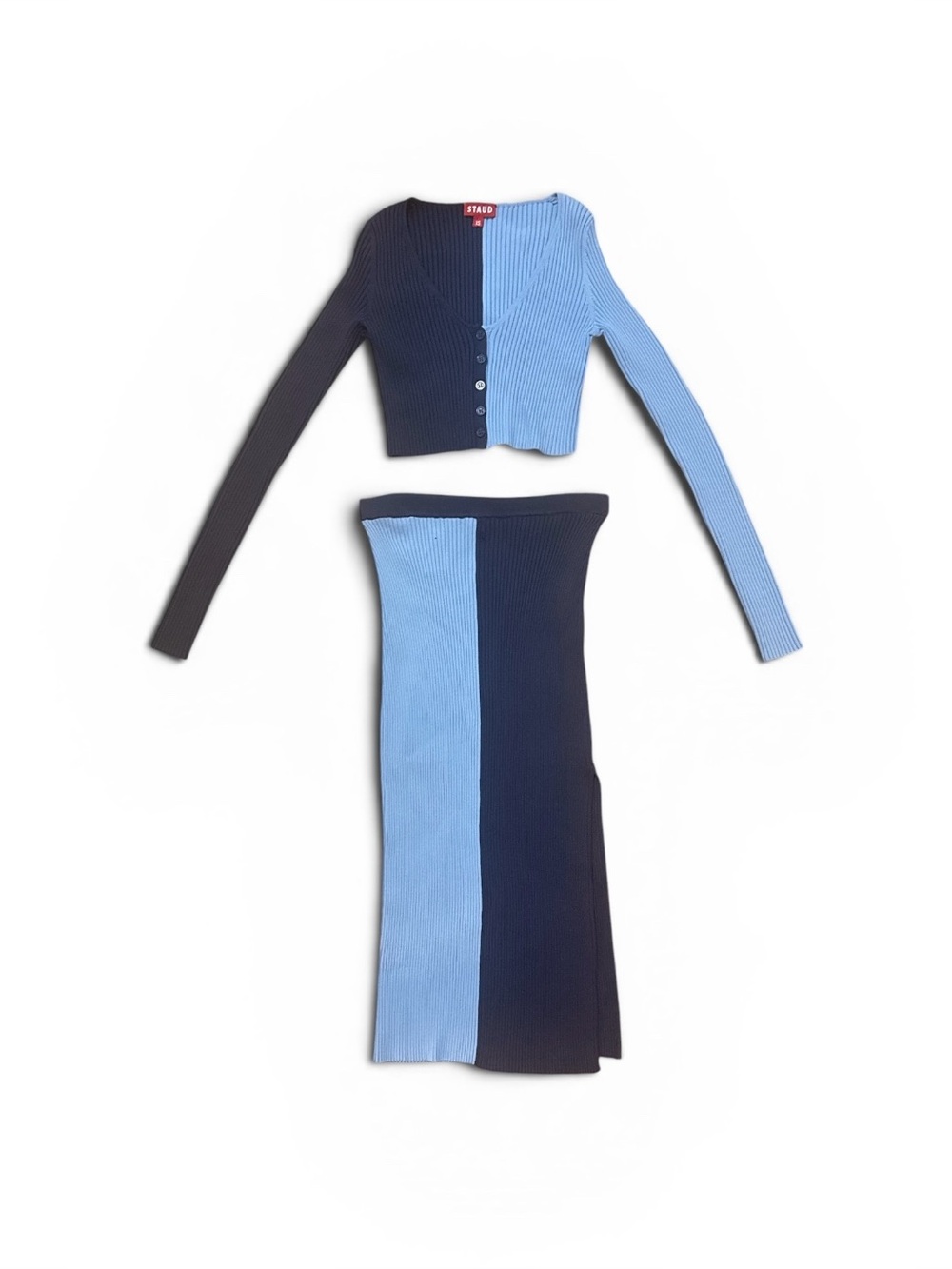 Staud Women’s Light & Dark Blue Split Color Block Long Sleeve Skirt Set XS & S